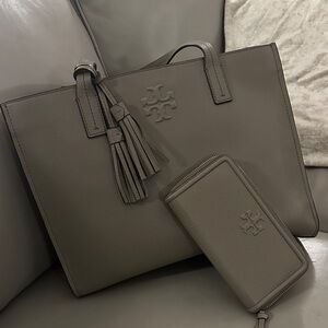 Tory Burch large grey shopper with matching wallet